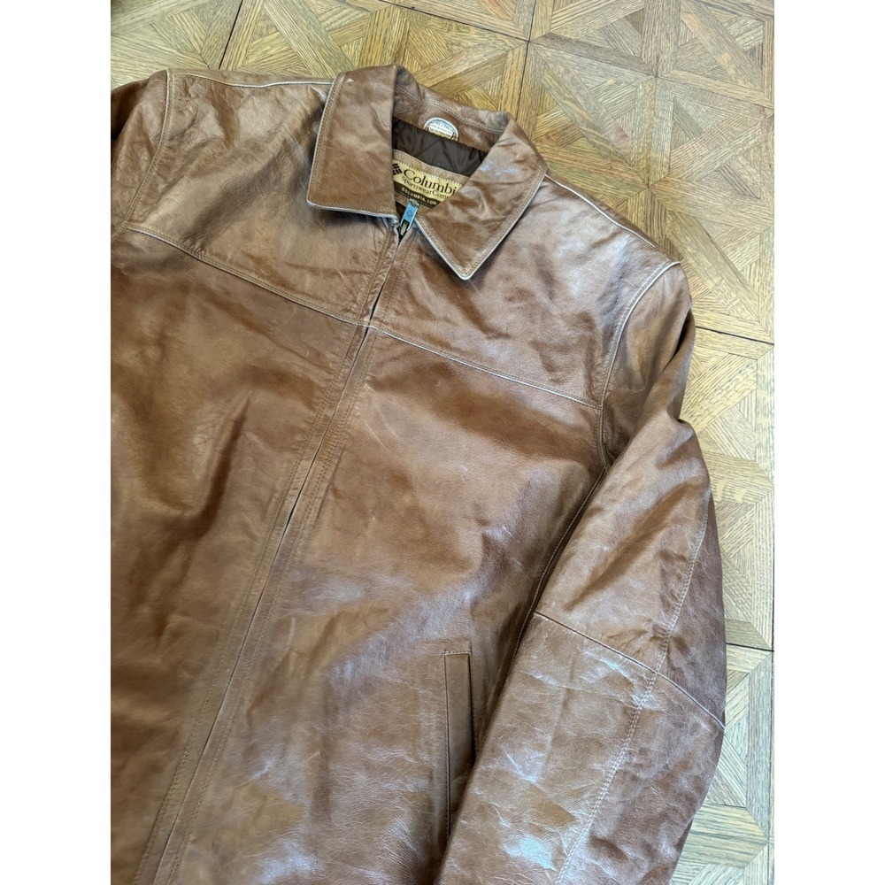 Columbia Sportswear Mens XL Brown Leather Bomber Jacket Full Zip Quilted 19